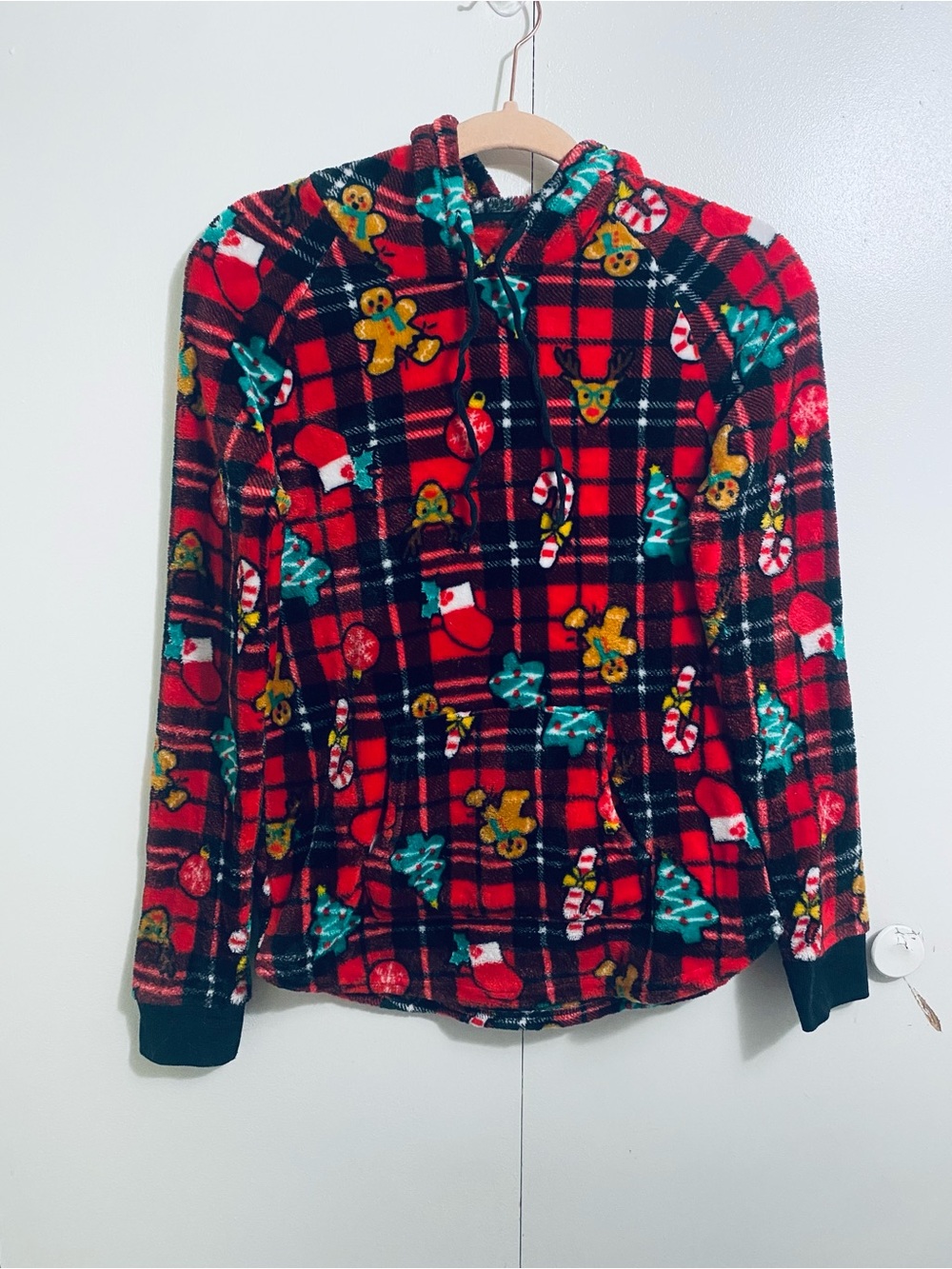 No Boundaries Red & Black Plaid Fleece Hoodie with Holiday Prints